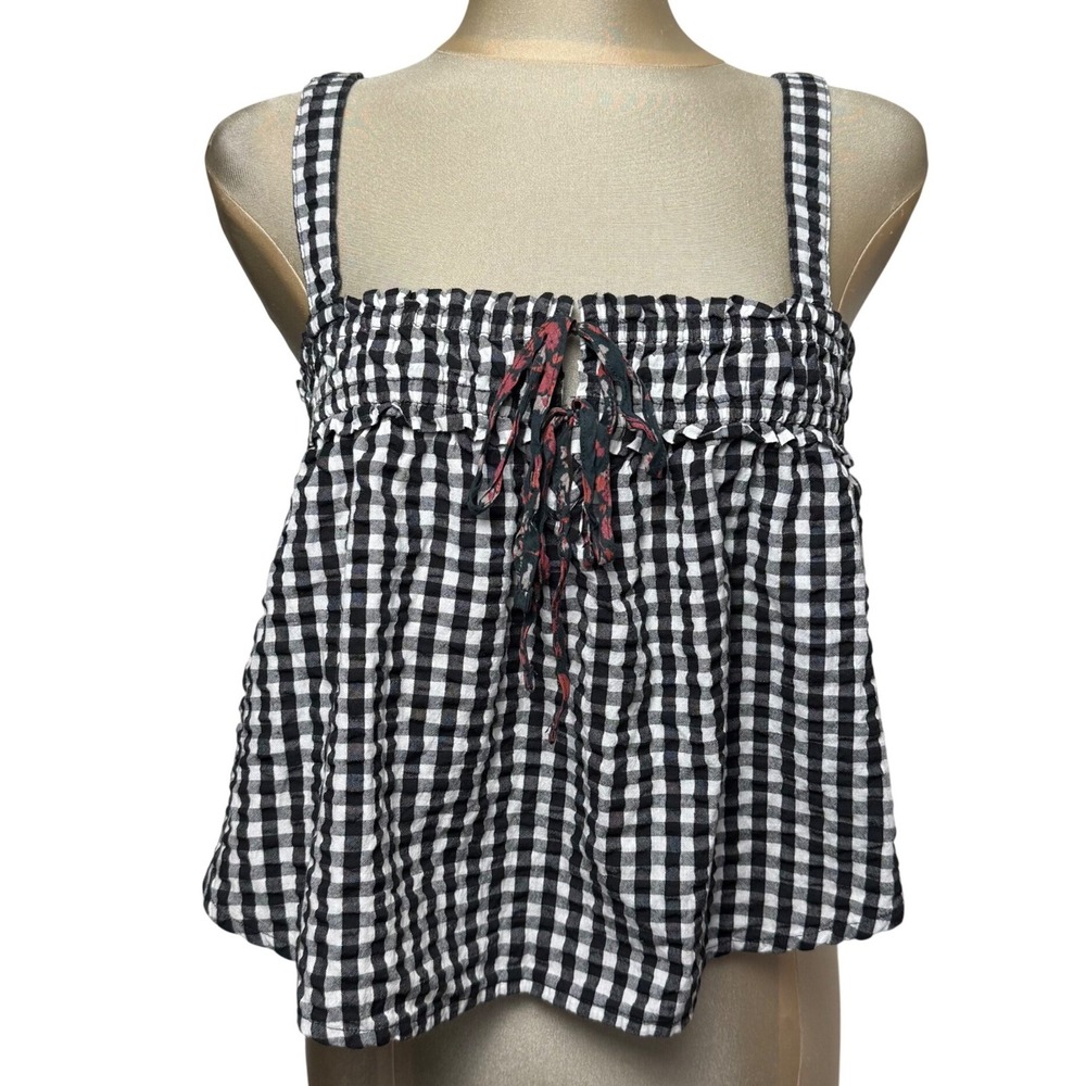 Free People Black White Gingham Babydoll Cami Tank Top XS Boho Cropped Tie Front